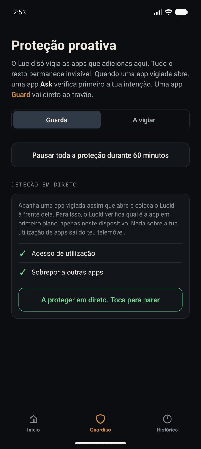 O guarda vigia apenas as apps que escolheres